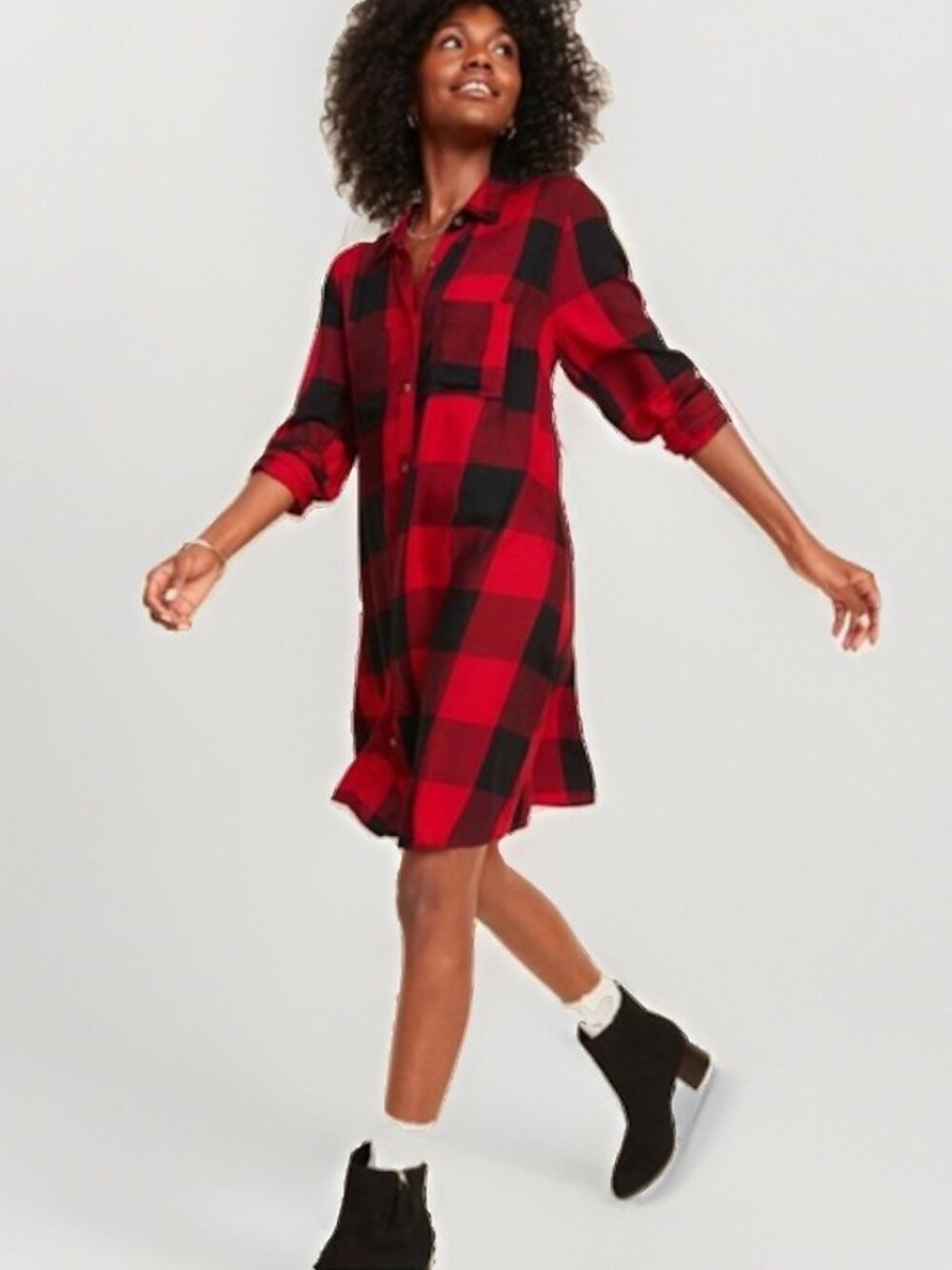 Old Navy Women's XL Red Black Plaid Shirt Dress Long Sleeve Buttons Pockets